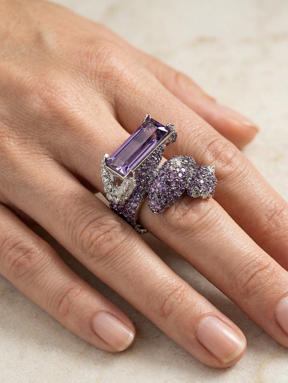 Purple Gemstone Pantera-Style Statement Ring super unique high quality size 7/8